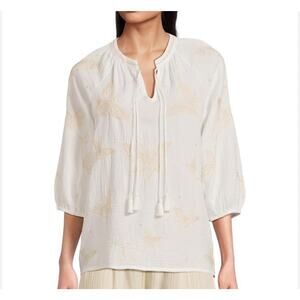 Johnny Was Koleen Blouse White Butterfly Embroidered Sz S Tassel Gauze Boho